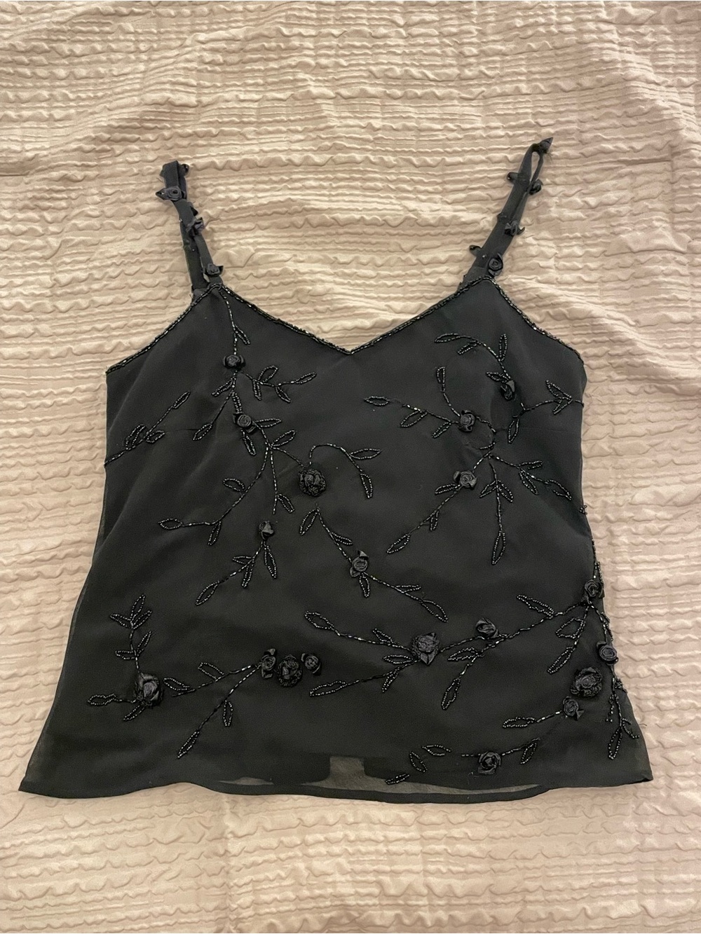 Beaded Floral Black Tank Top